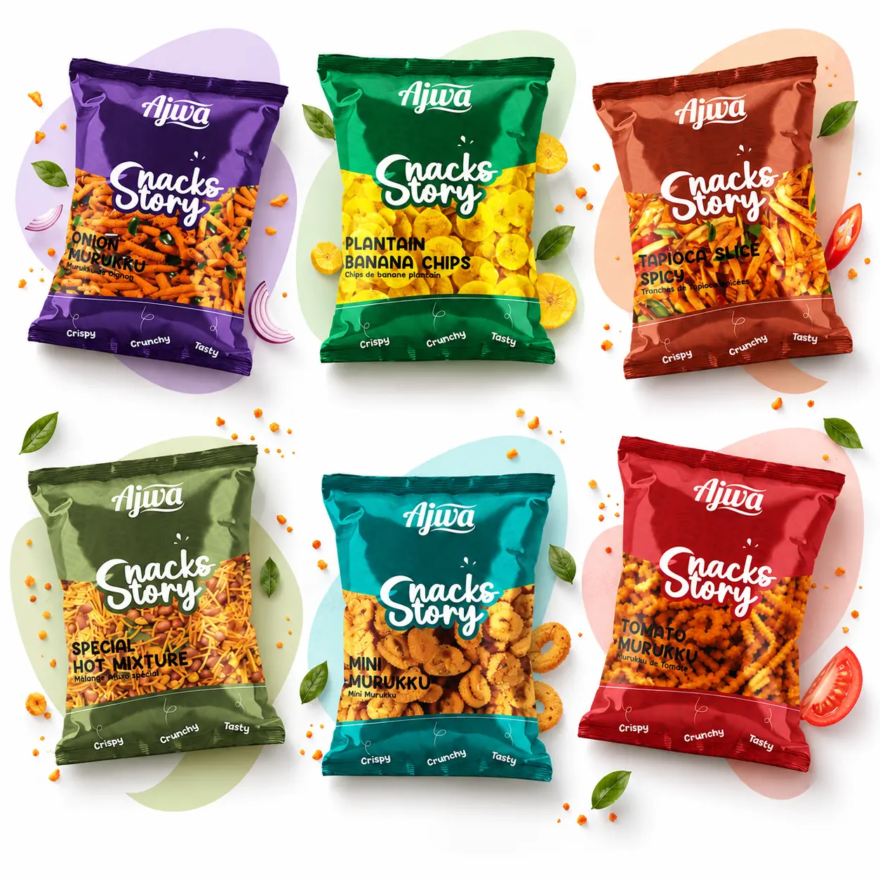 Six colourful Ajwa snack packages arranged with food ingredients