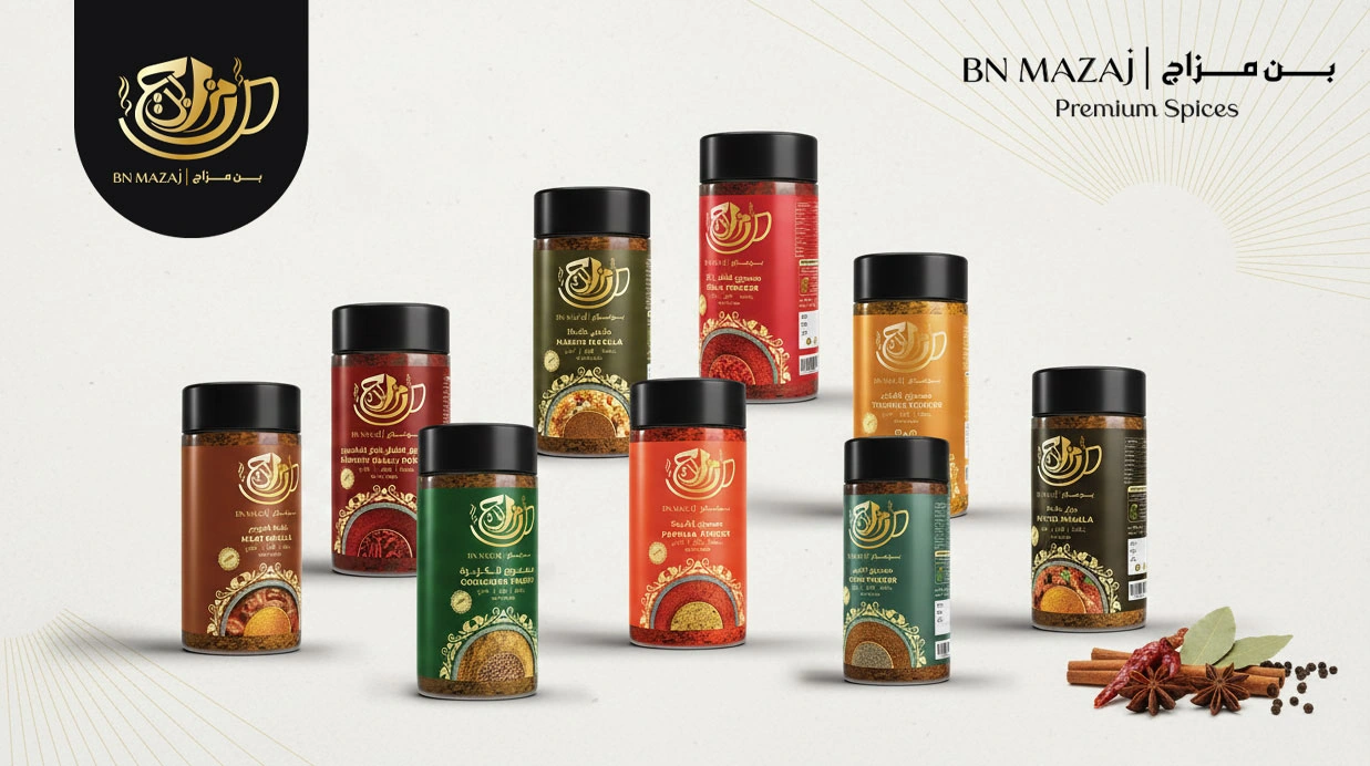 BN Mazaj premium spice range with black and gold packaging and colourful product labels