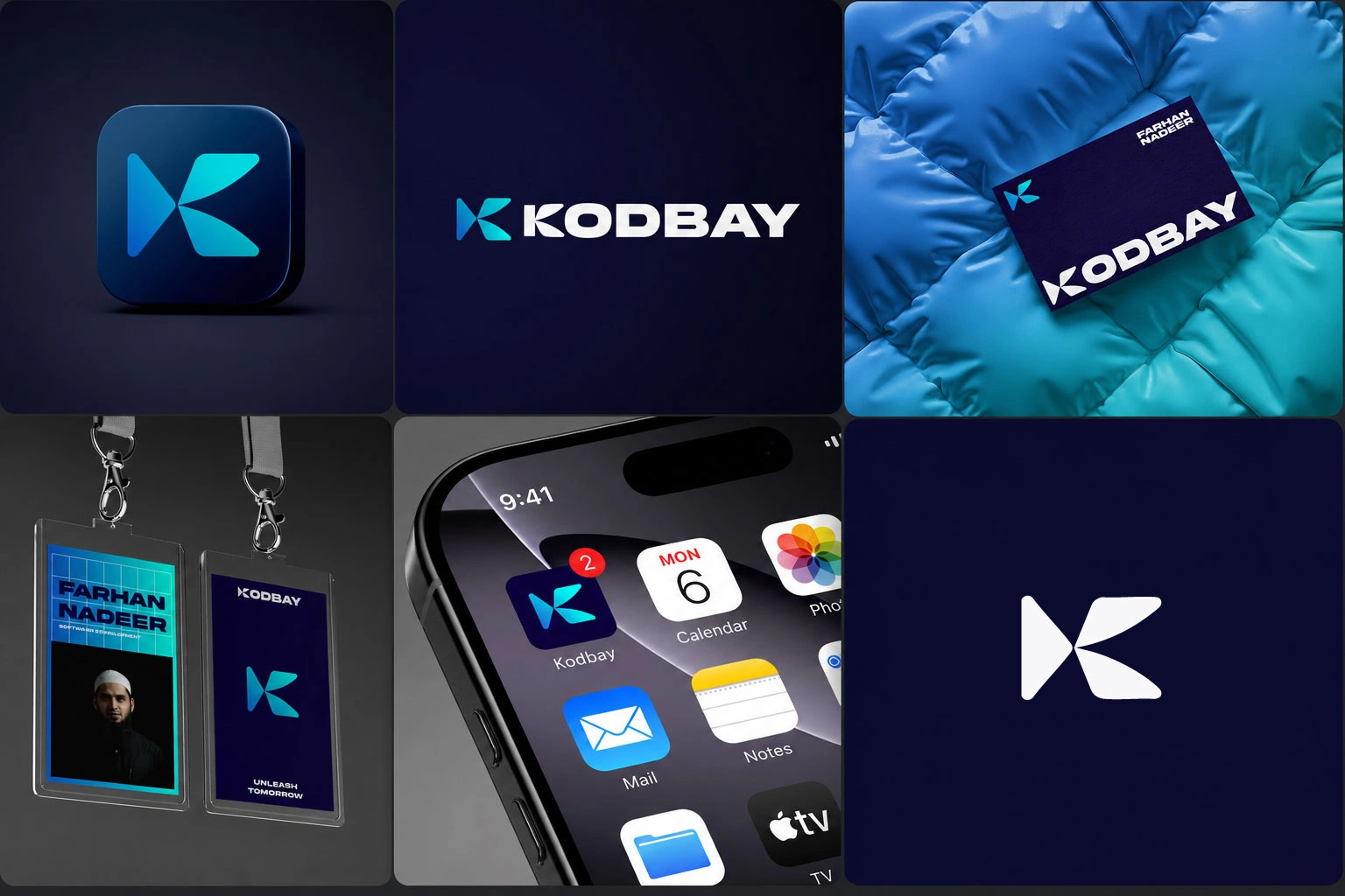 Kodbay blue and navy brand identity with logo, clothing, cards, and digital applications