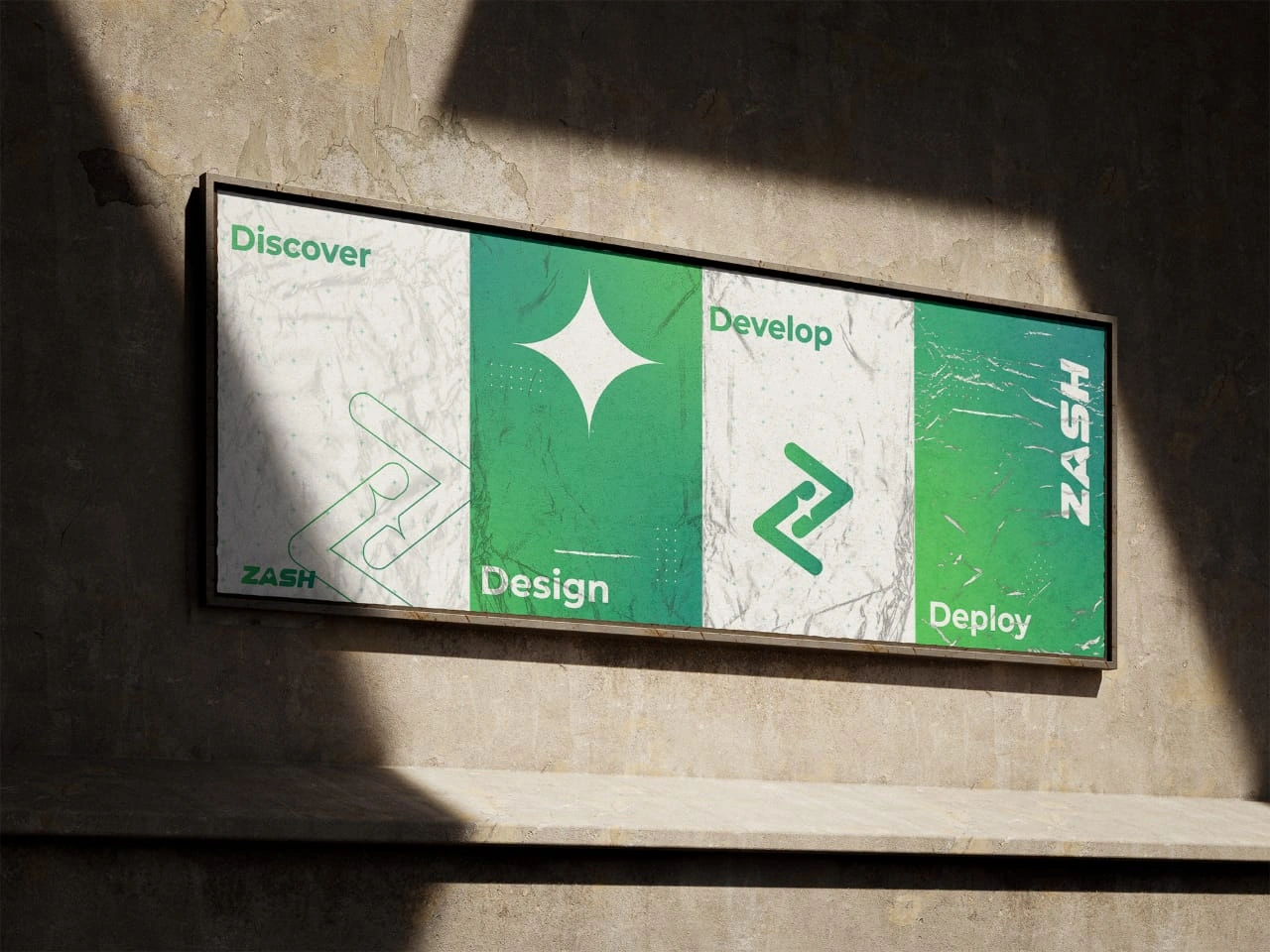 Zash green brand campaign displayed on a wall with Discover, Develop, Design, and Deploy messaging