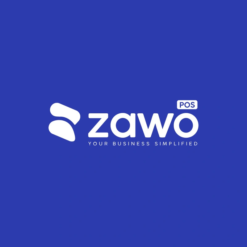 Zawo POS white logo on a vivid blue background